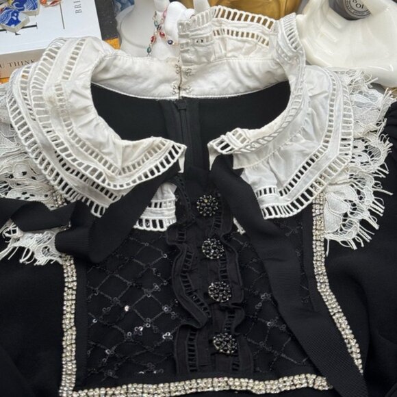 🆕 SELF-PORTRAIT 🧿 NWOT Diamante Trim Mini Dress, Black - Sz US 4 UK 8 - Picture 12 of 15